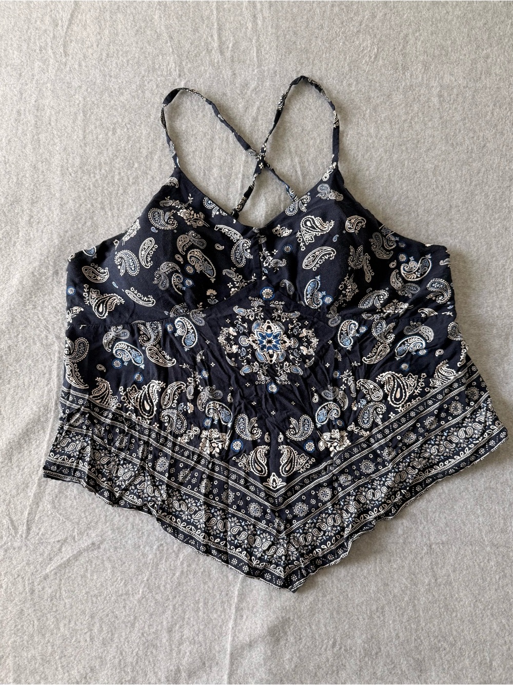Navy Paisley Bandana Print Cami Crop Top Cross Back Straps Boho Festival Summer